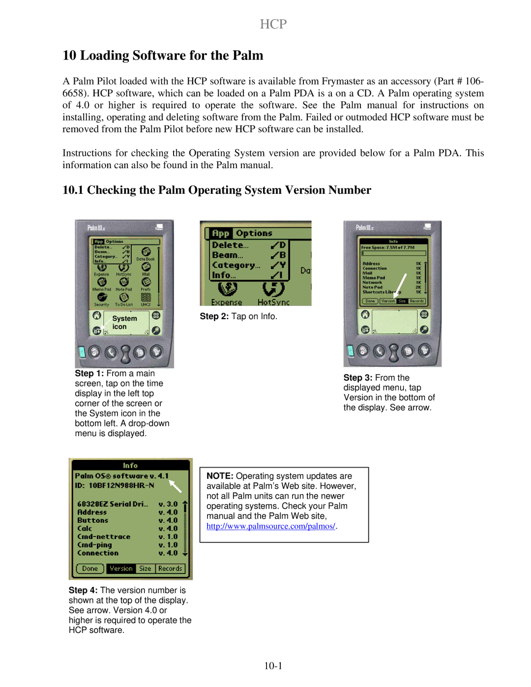 Frymaster HCP Loading Software for the Palm, Checking the Palm Operating System Version Number, Tap on Info 