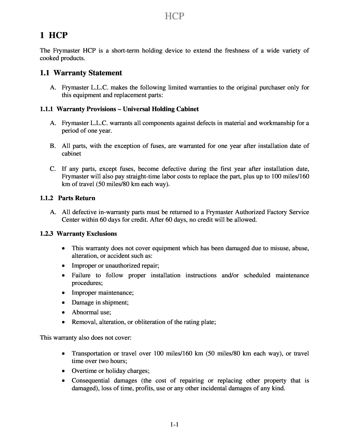 Frymaster operation manual 1 HCP, Warranty Statement 