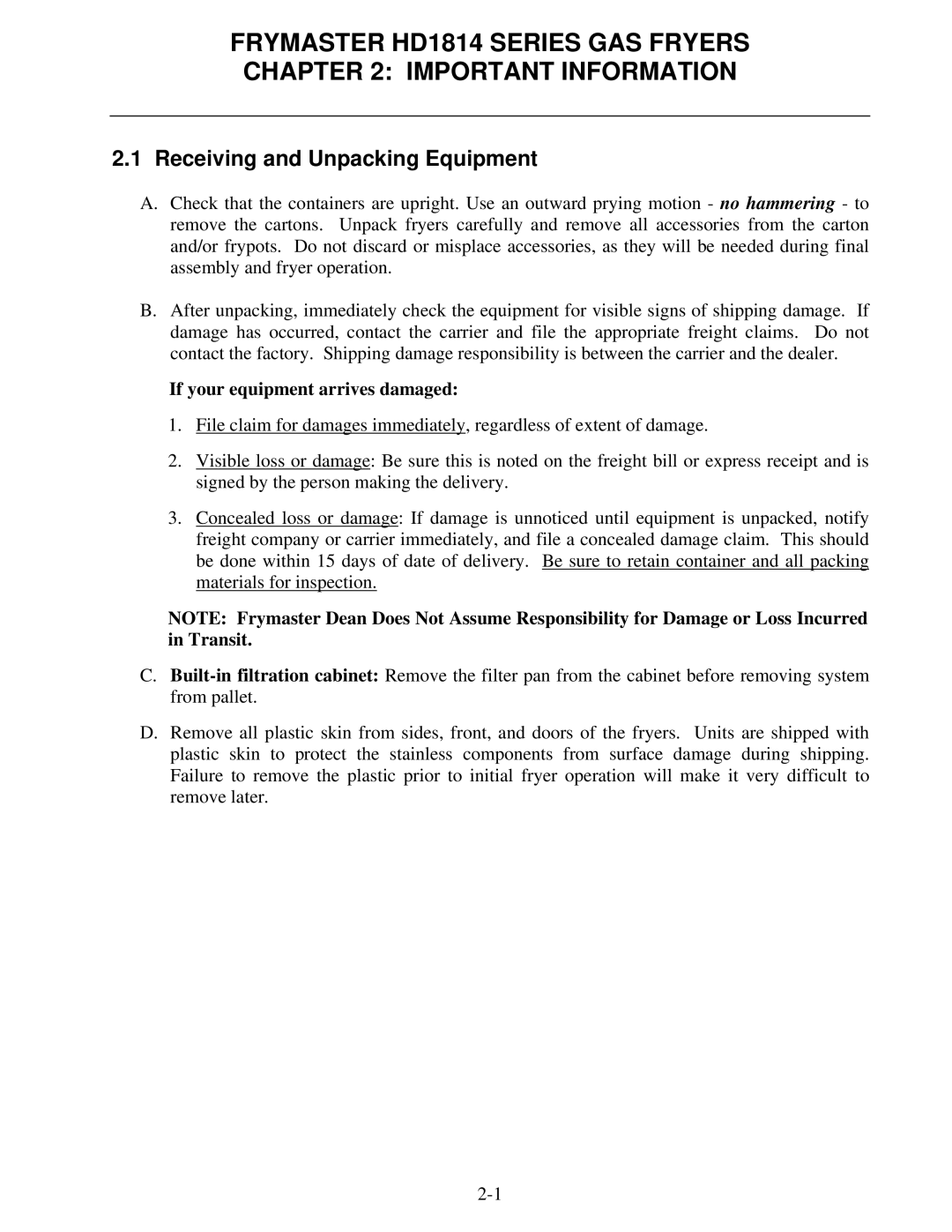 Frymaster HD1814G, HD21814G Frymaster HD1814 Series GAS Fryers Important Information, Receiving and Unpacking Equipment 