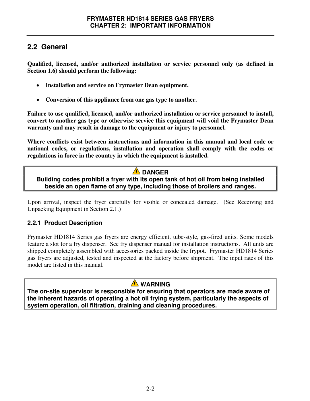 Frymaster HD21814150G, HD21814G, HD1814G operation manual General, Product Description 