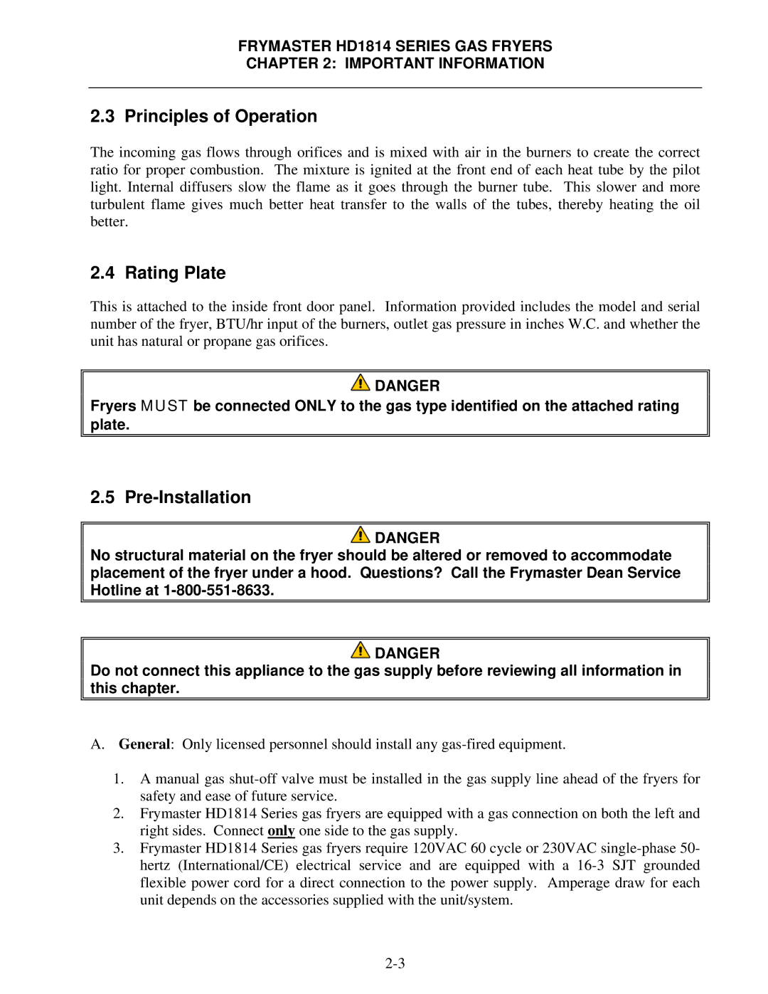 Frymaster HD21814G, HD1814G, HD21814150G operation manual Principles of Operation, Rating Plate, Pre-Installation 