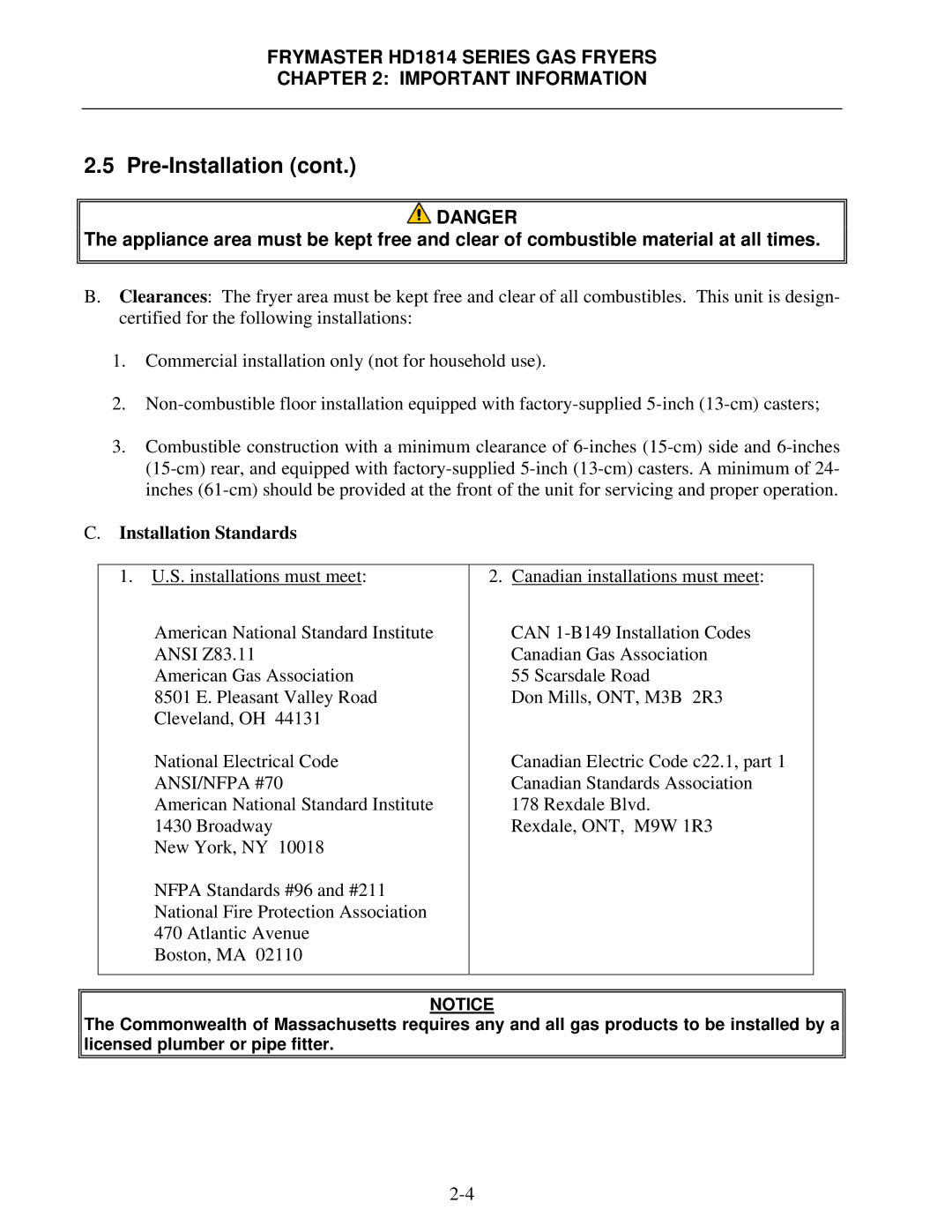 Frymaster HD1814G, HD21814G, HD21814150G operation manual Installation Standards 