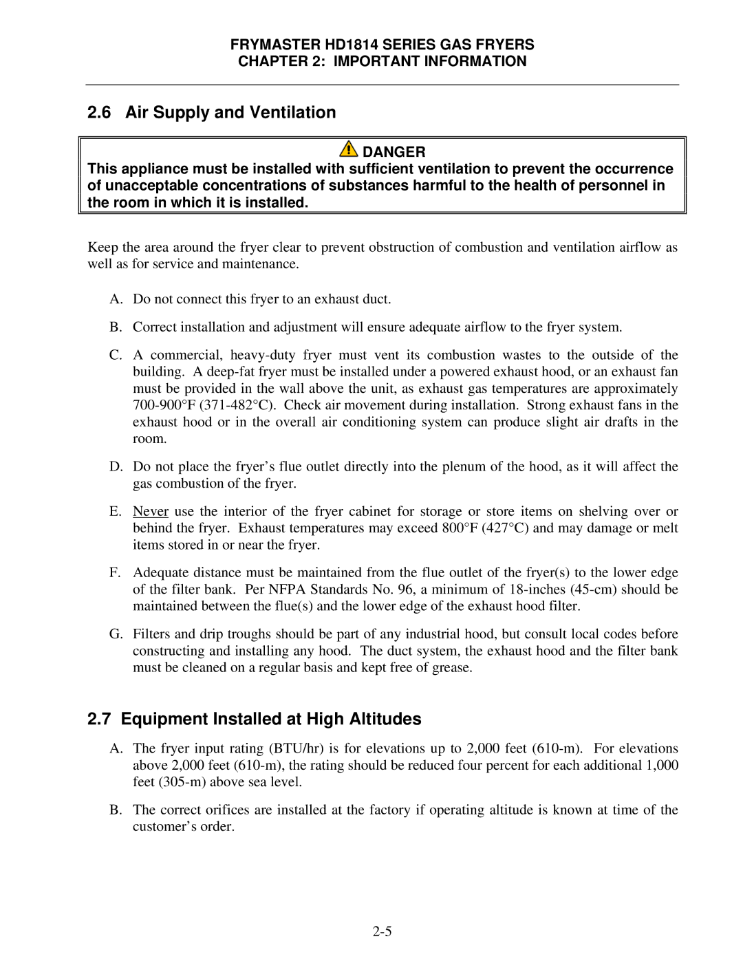 Frymaster HD21814150G, HD21814G, HD1814G operation manual Air Supply and Ventilation, Equipment Installed at High Altitudes 