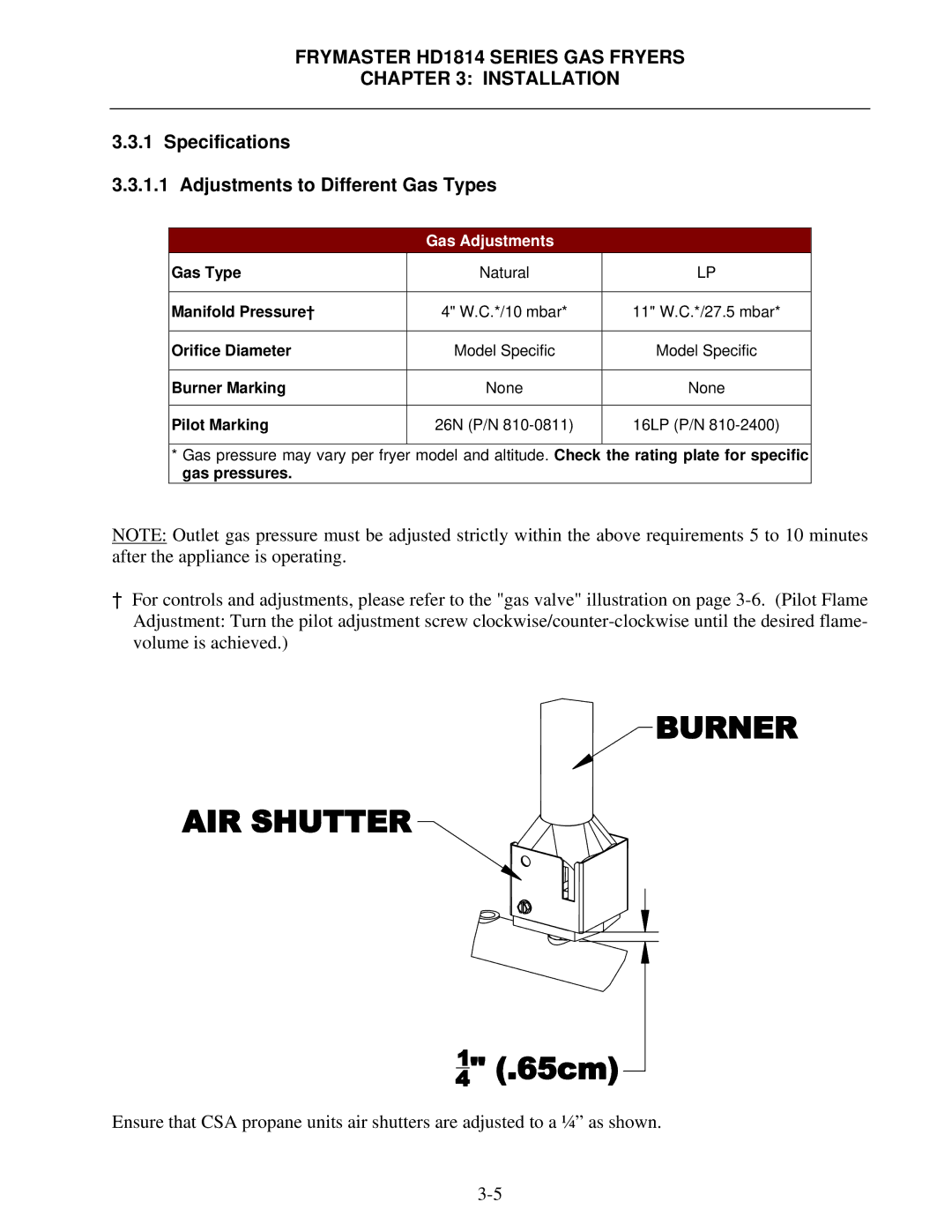 Frymaster HD1814G, HD21814G, HD21814150G operation manual Specifications Adjustments to Different Gas Types, Gas Adjustments 