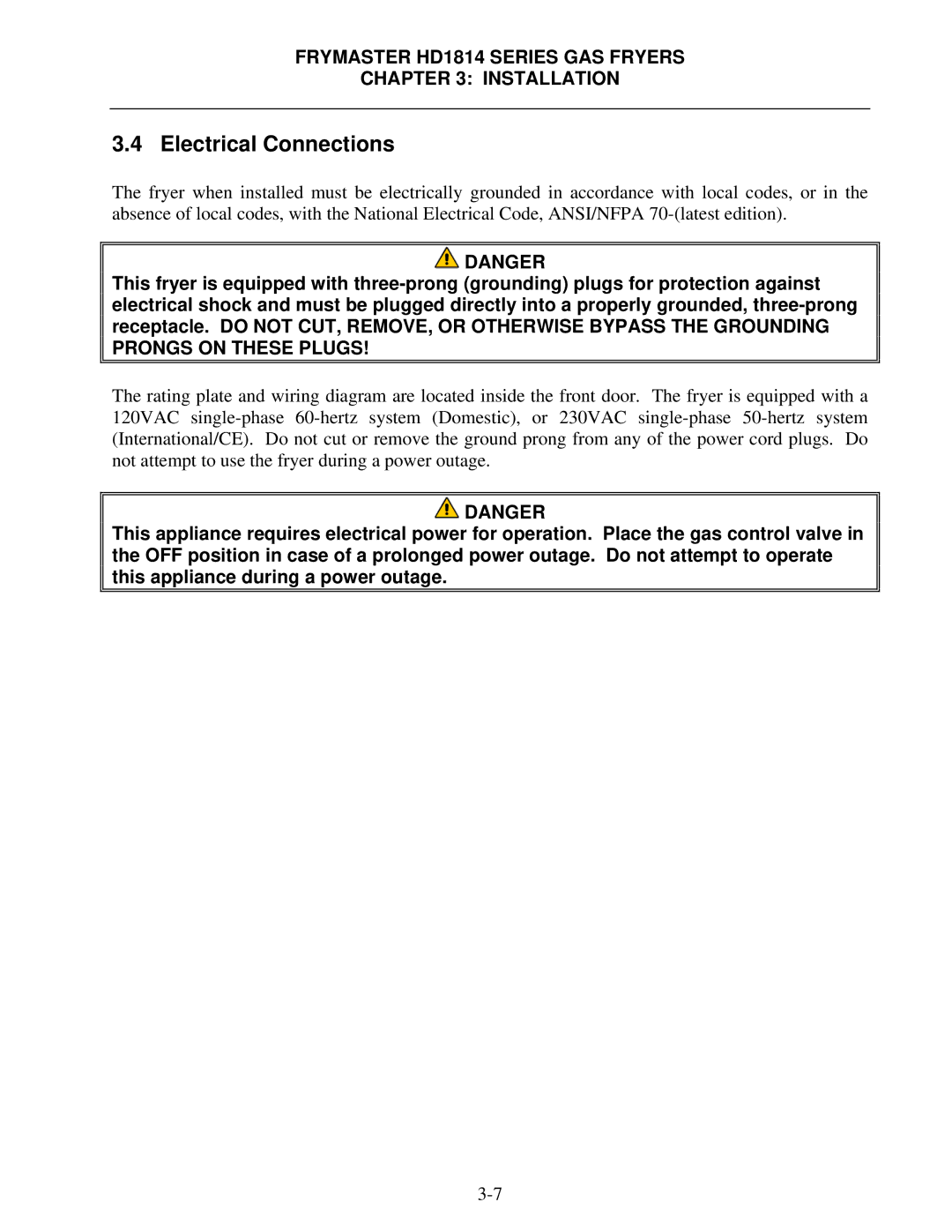 Frymaster HD21814G, HD1814G, HD21814150G operation manual Electrical Connections 