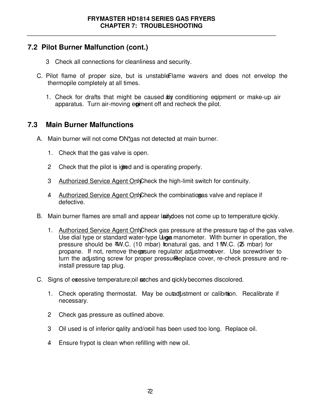 Frymaster HD21814150G, HD21814G, HD1814G operation manual Main Burner Malfunctions 
