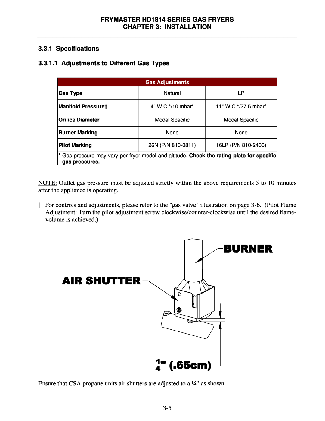 Frymaster HD1814G, HD21814G, HD21814150G operation manual Specifications 3.3.1.1 Adjustments to Different Gas Types 