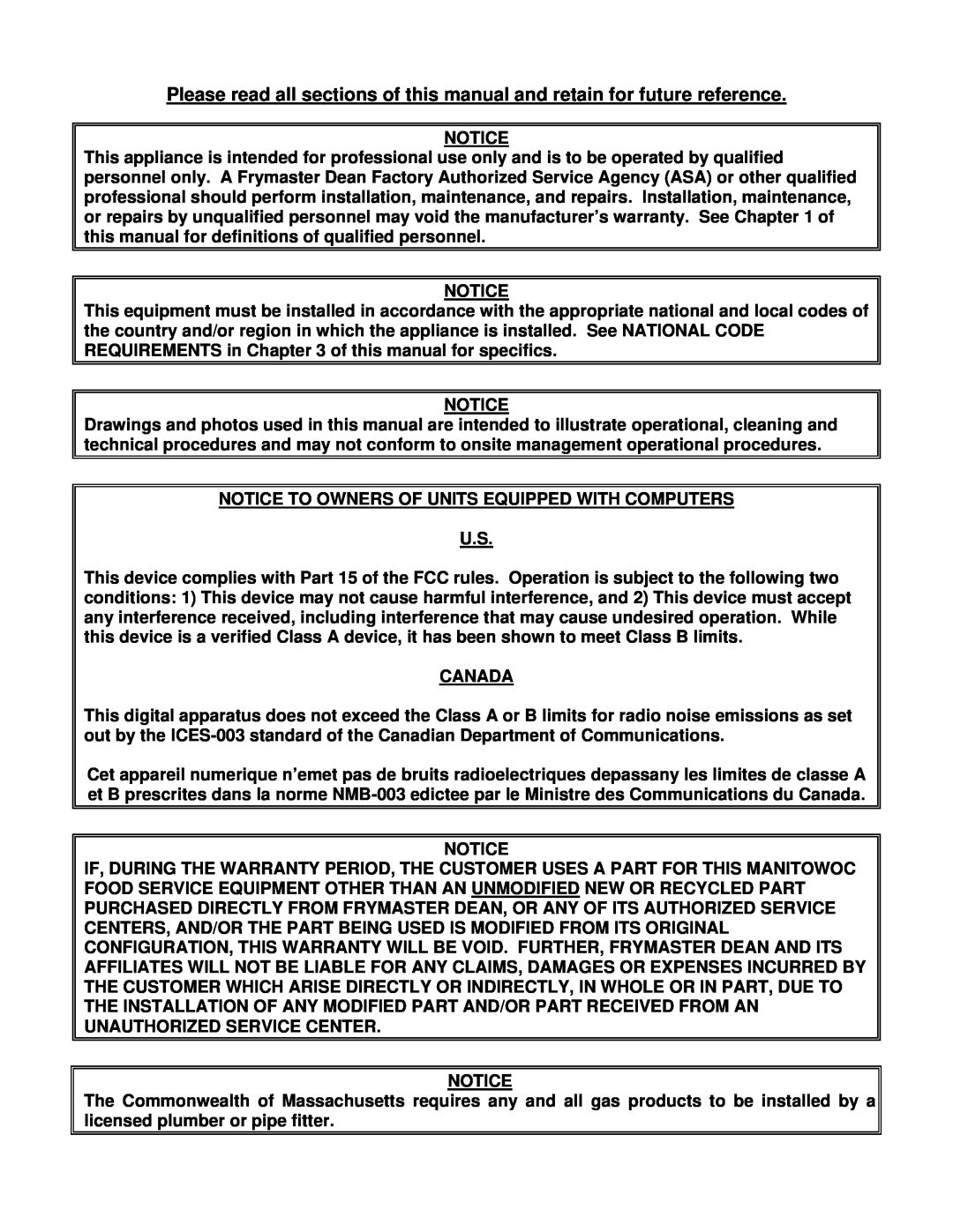 Frymaster HD21814150G, HD21814G, HD1814G operation manual Notice To Owners Of Units Equipped With Computers U.S, Canada 