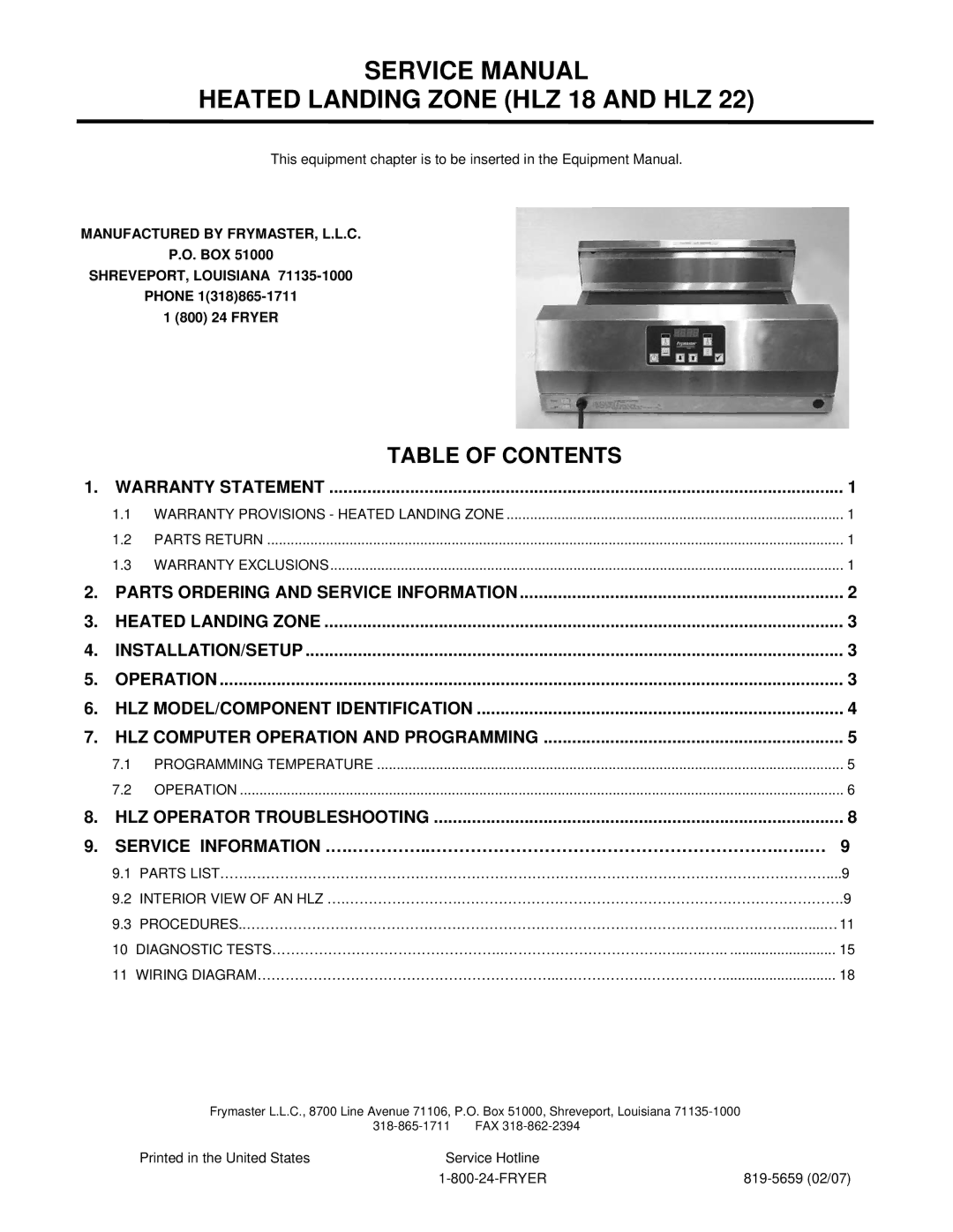 Frymaster HLZ 22 service manual Heated Landing Zone HLZ 18 and HLZ, Table of Contents 