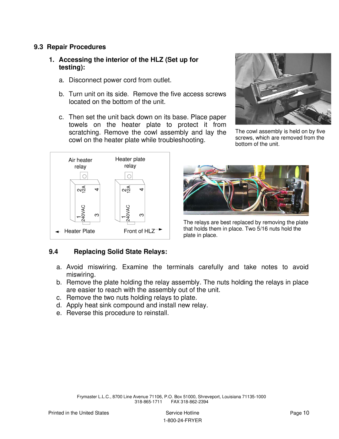 Frymaster HLZ 22, HLZ 18 service manual Replacing Solid State Relays 