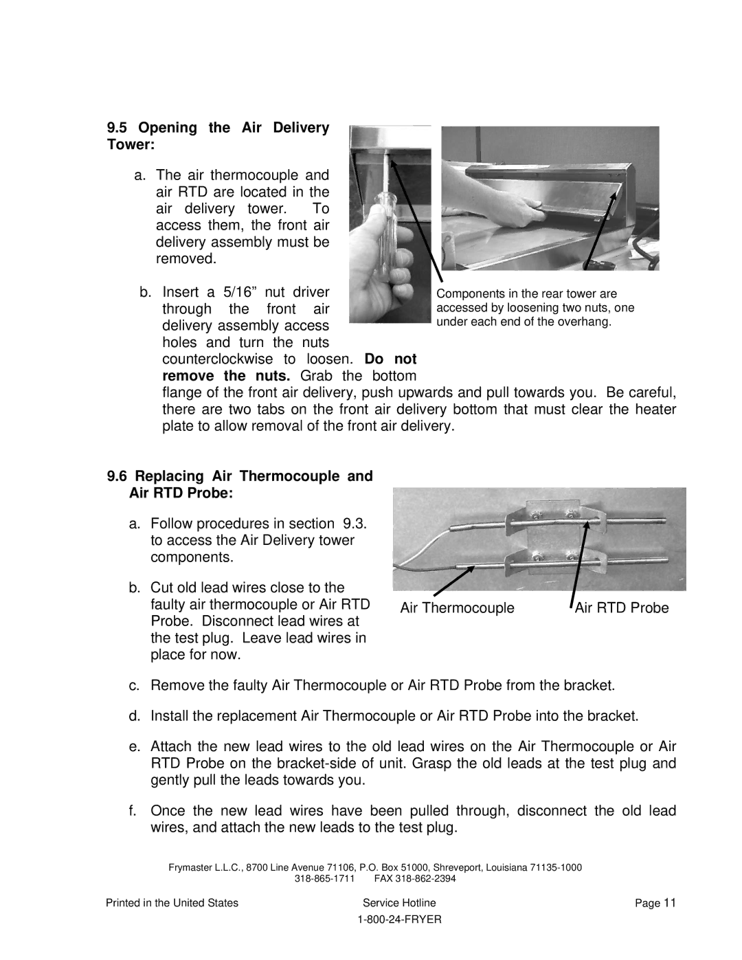 Frymaster HLZ 18, HLZ 22 service manual Opening the Air Delivery Tower, Replacing Air Thermocouple and Air RTD Probe 