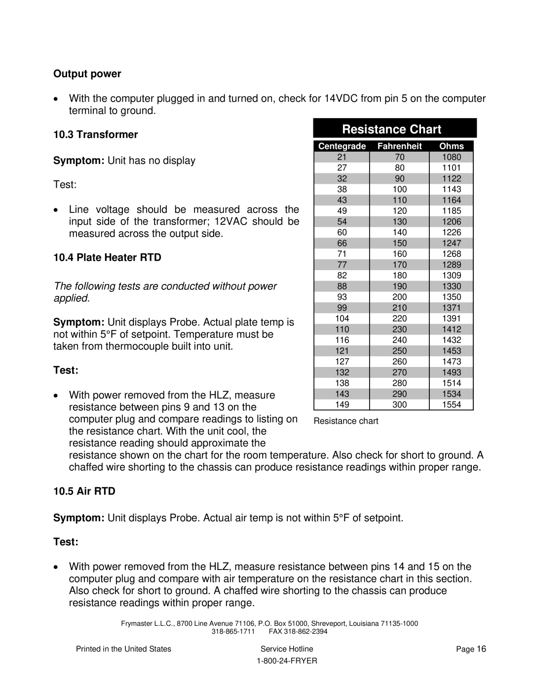 Frymaster HLZ 22, HLZ 18 service manual Output power, Transformer, Plate Heater RTD, Test, Air RTD 