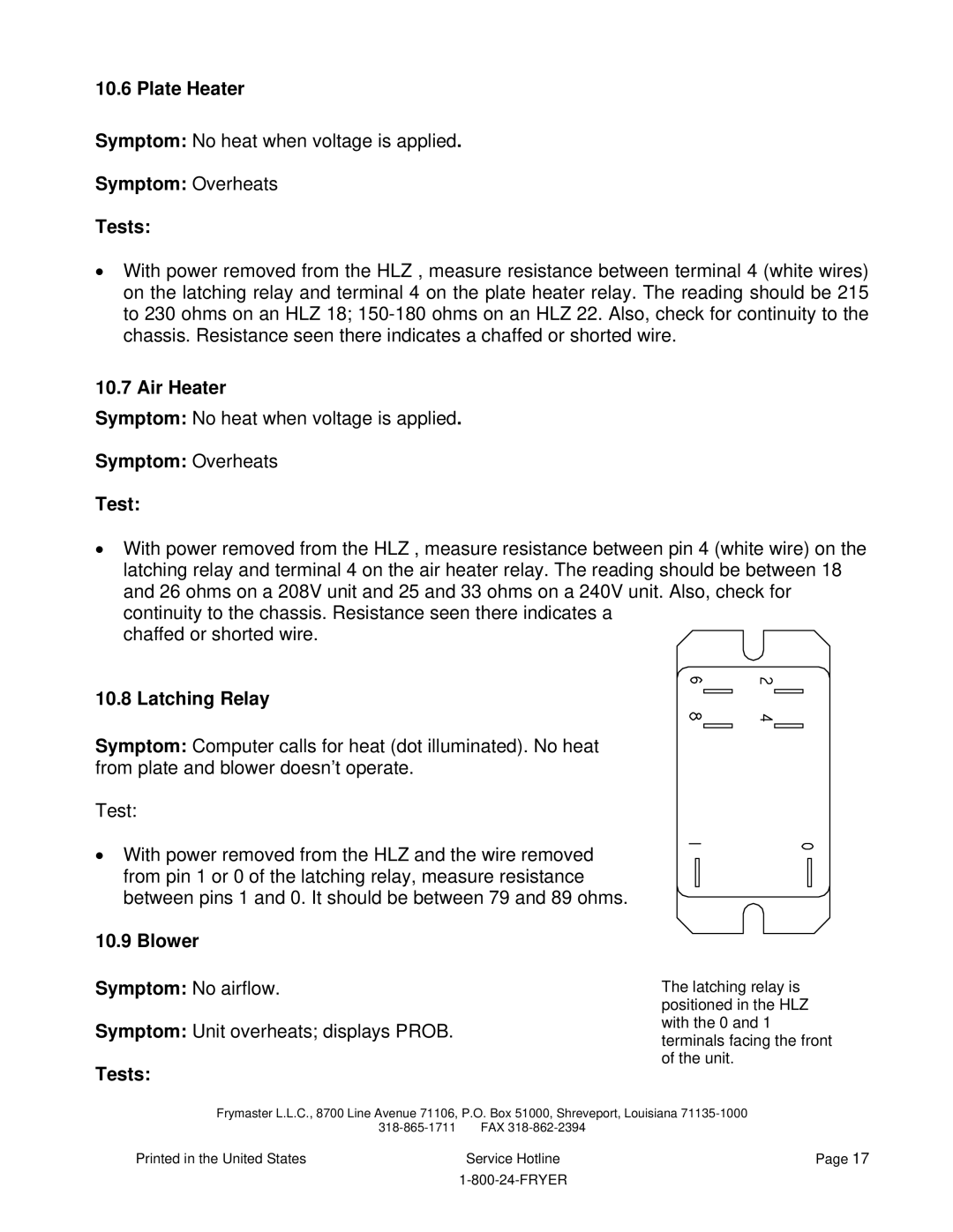 Frymaster HLZ 18, HLZ 22 service manual Plate Heater, Symptom Overheats Tests, Latching Relay, Blower 