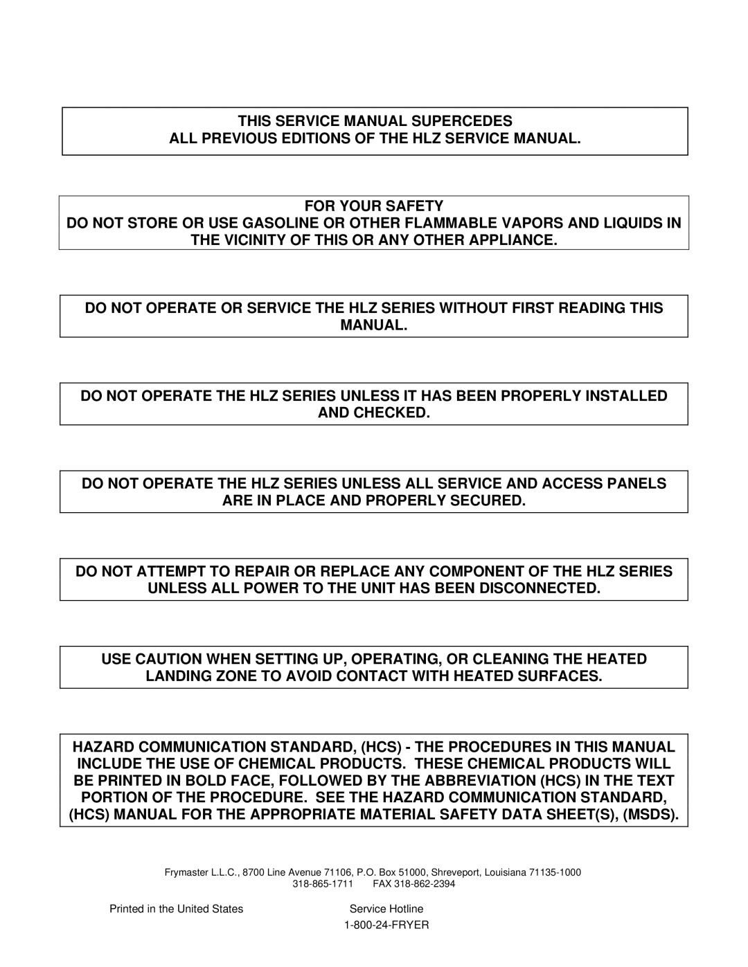 Frymaster HLZ 22, HLZ 18 service manual 