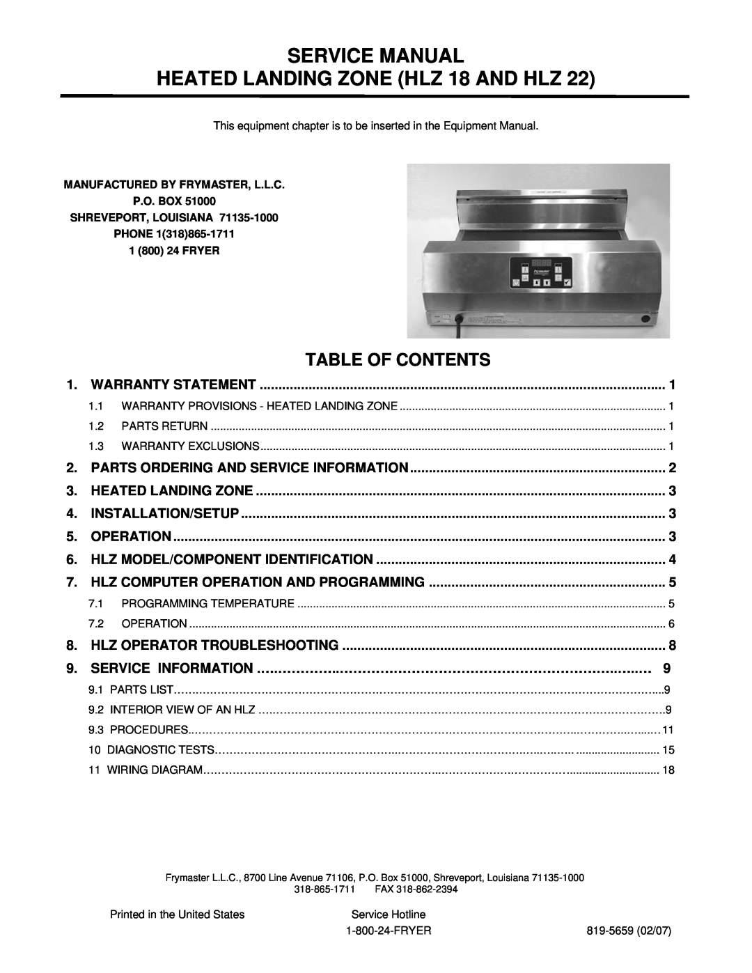 Frymaster HLZ 18, HLZ 22 service manual Table Of Contents 