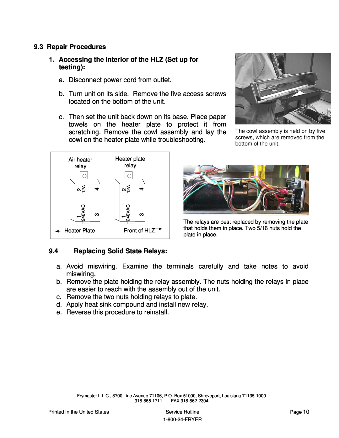 Frymaster HLZ 22, HLZ 18 service manual 9.3Repair Procedures, 9.4Replacing Solid State Relays 