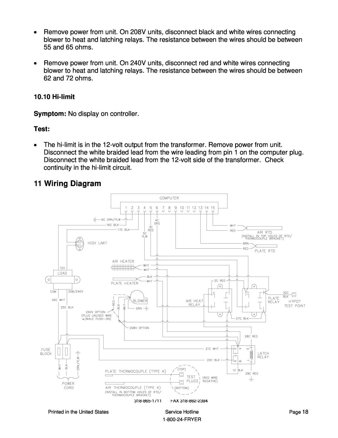 Frymaster HLZ 22, HLZ 18 service manual Wiring Diagram, Hi-limit, Test 
