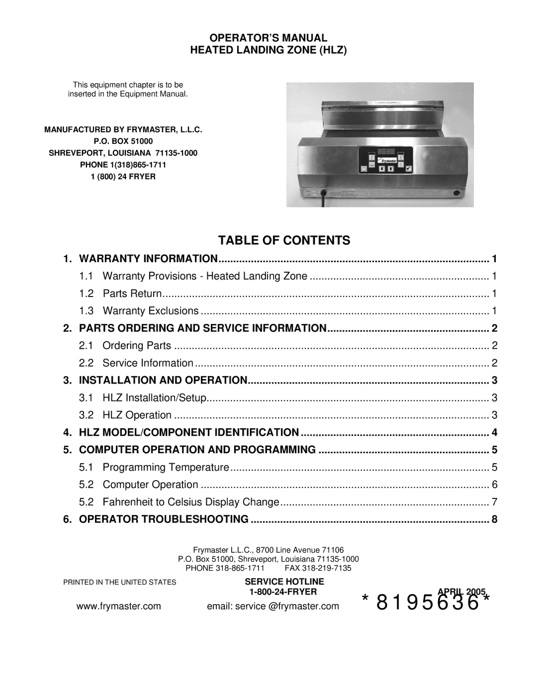 Frymaster HLZ warranty Table of Contents 