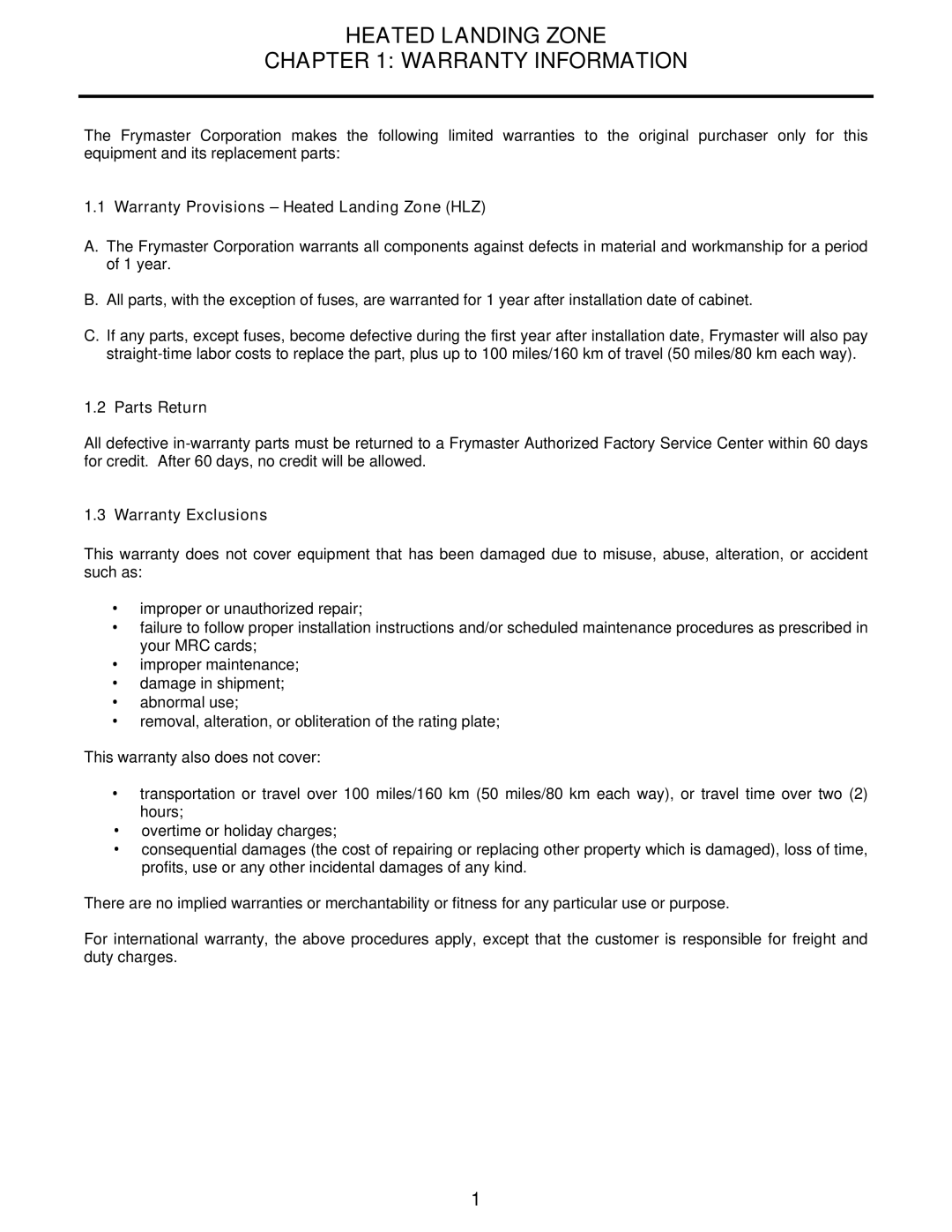 Frymaster warranty Heated Landing Zone Warranty Information, Warranty Provisions Heated Landing Zone HLZ, Parts Return 