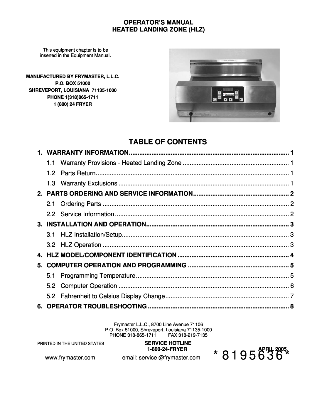 Frymaster HLZ warranty Table Of Contents, Operator’S Manual Heated Landing Zone Hlz, Warranty Information 