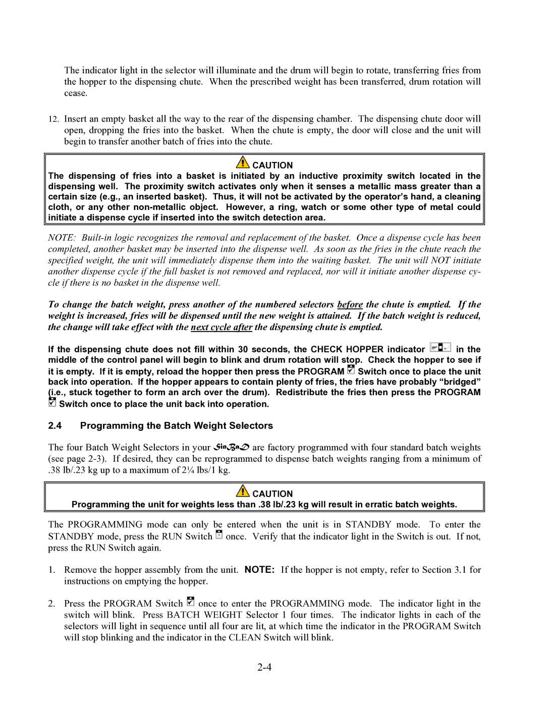 Frymaster II operation manual Programming the Batch Weight Selectors 