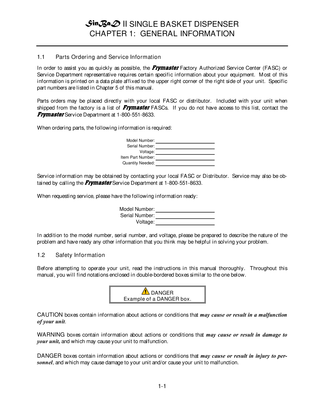 Frymaster II operation manual Parts Ordering and Service Information, Safety Information 