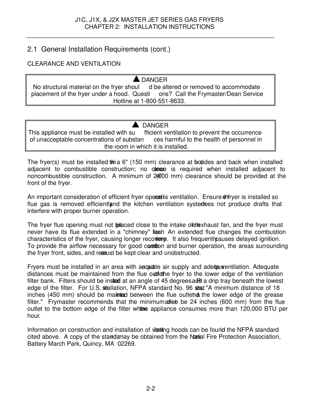 Frymaster J2X, J1X manual Clearance and Ventilation 