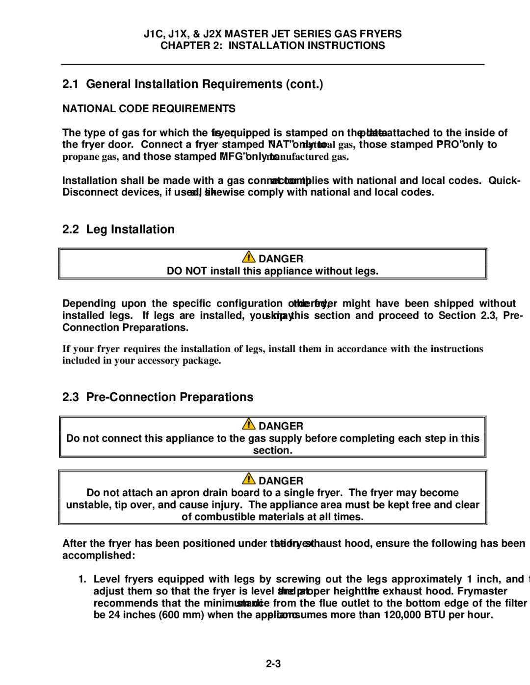 Frymaster J1X, J2X manual Leg Installation, Pre-Connection Preparations, National Code Requirements 