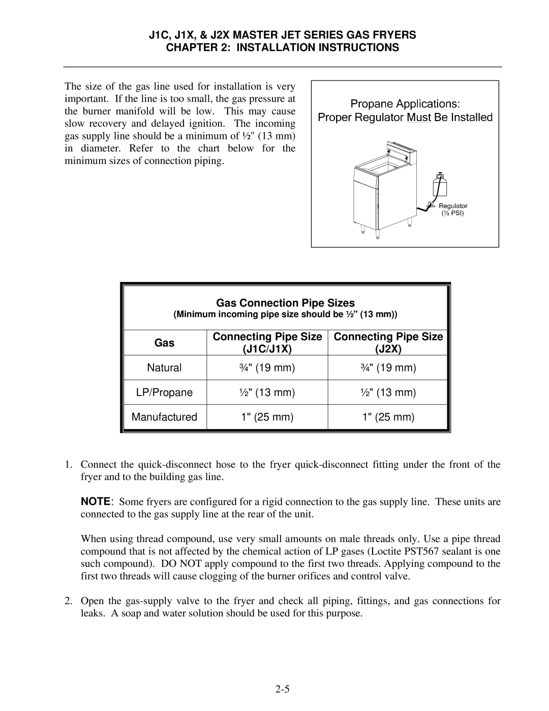 Frymaster manual Gas Connection Pipe Sizes, J1C/J1X J2X 