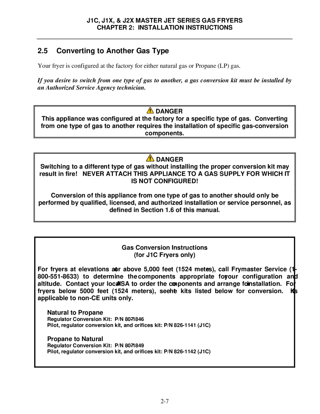 Frymaster J1X, J2X manual Converting to Another Gas Type, Natural to Propane, Propane to Natural 