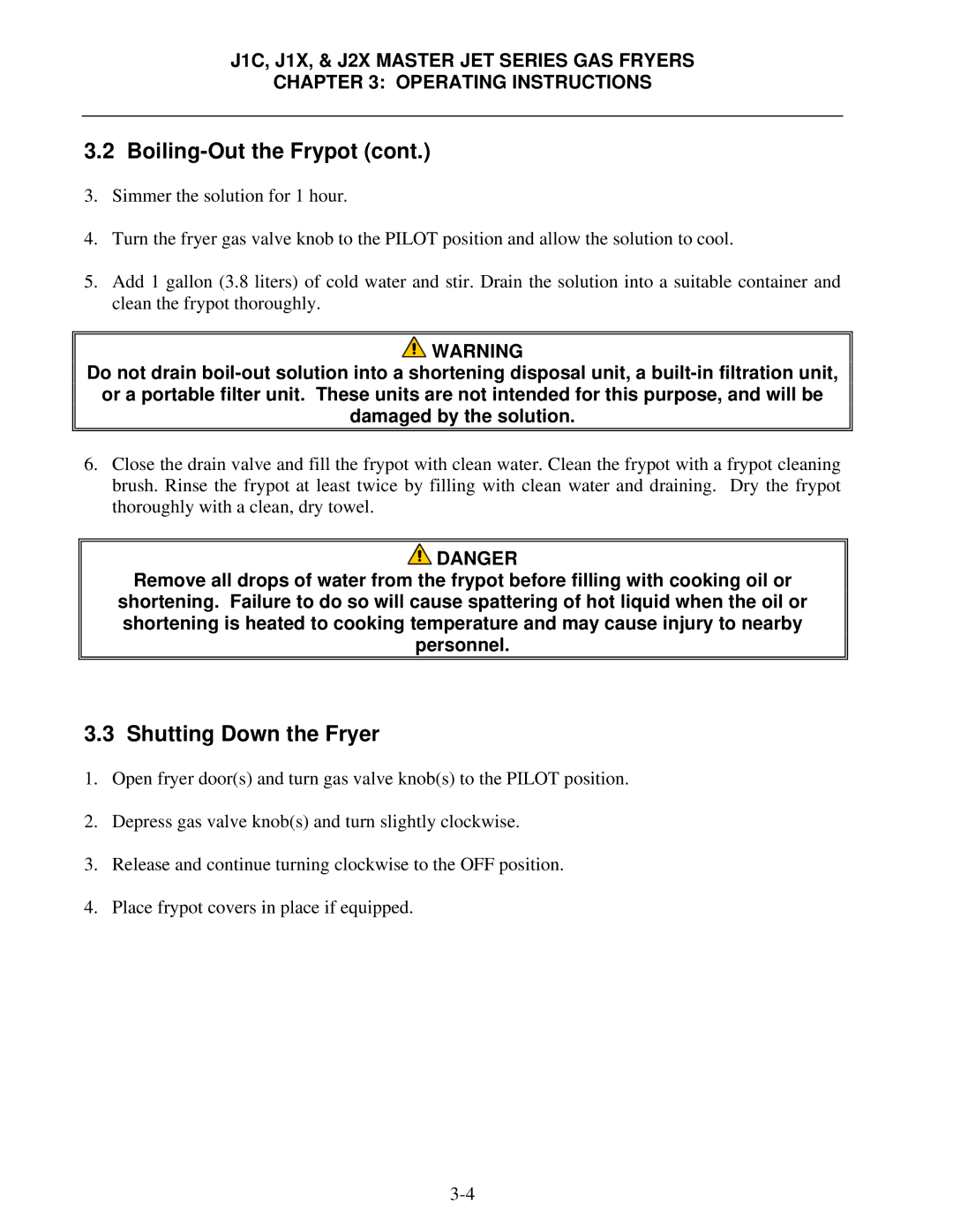 Frymaster J1X, J2X manual Shutting Down the Fryer 