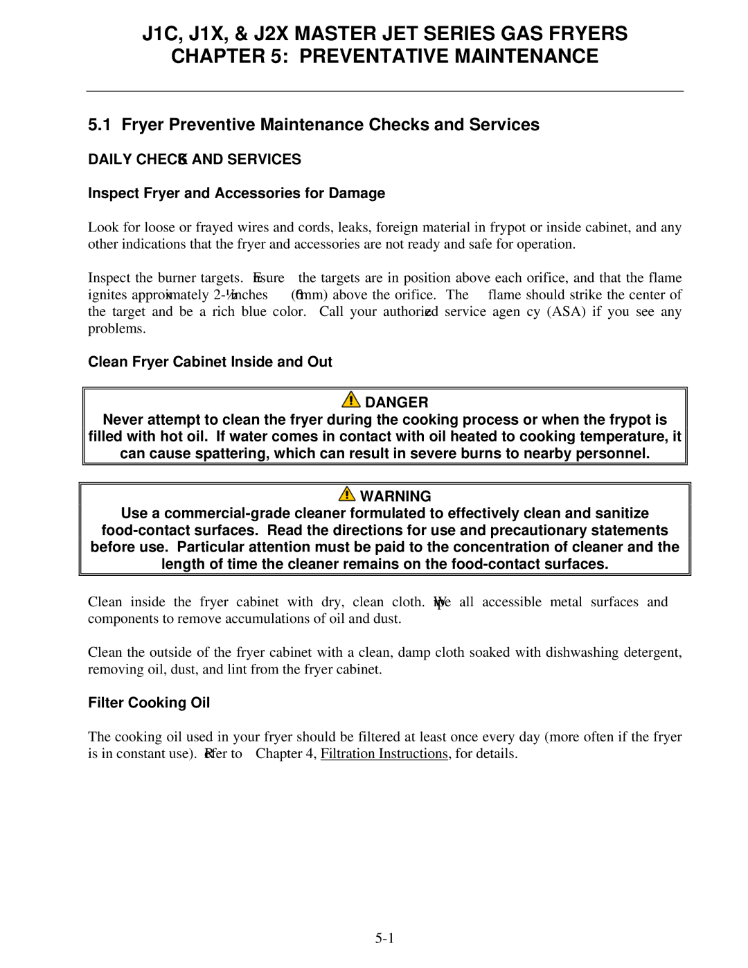 Frymaster J2X, J1X manual Fryer Preventive Maintenance Checks and Services, Daily Checks and Services, Filter Cooking Oil 