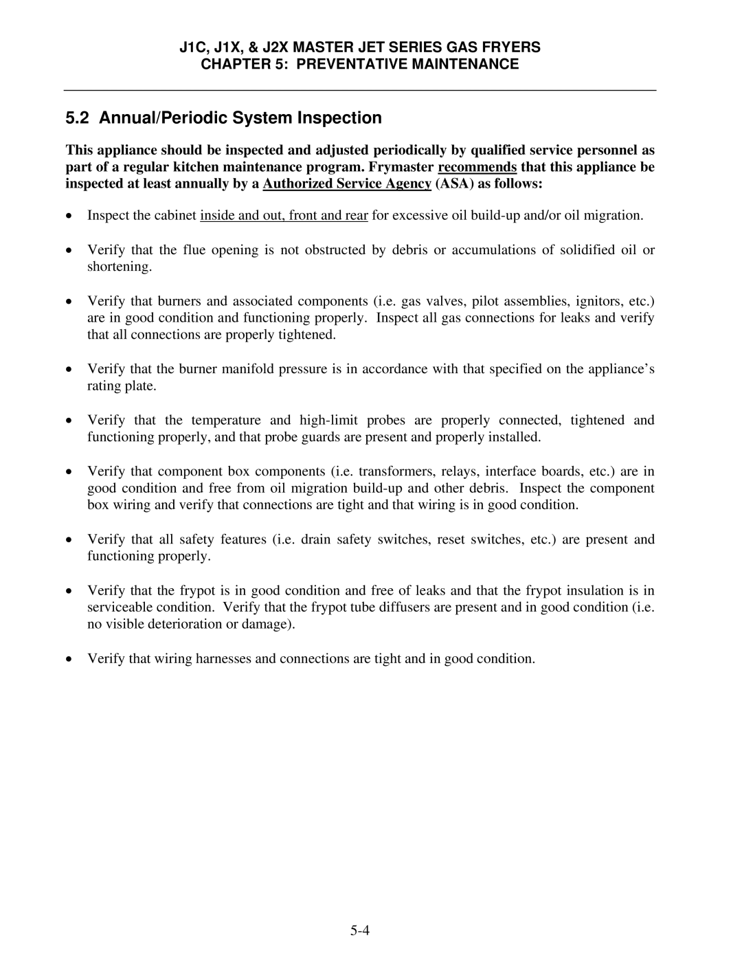 Frymaster J1X, J2X manual Annual/Periodic System Inspection 