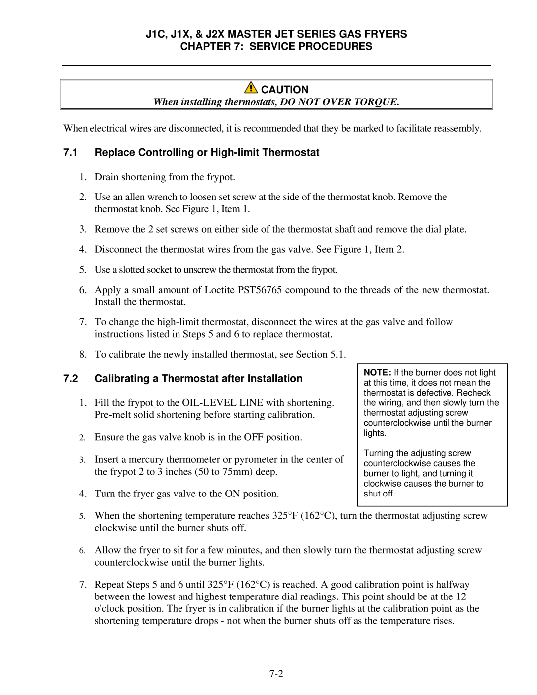Frymaster J1X, J2X manual Replace Controlling or High-limit Thermostat, Calibrating a Thermostat after Installation 