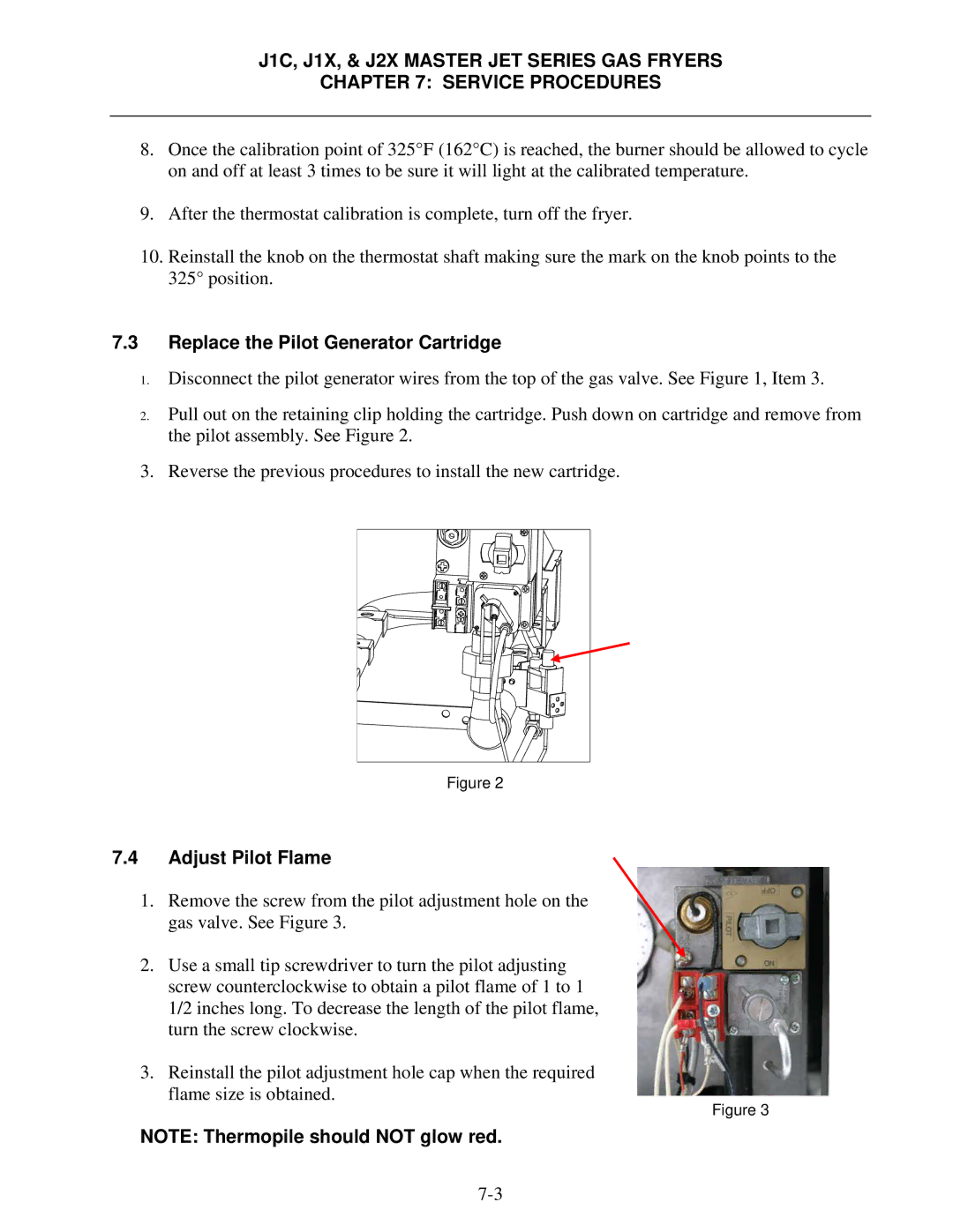 Frymaster J2X, J1X manual Replace the Pilot Generator Cartridge, Adjust Pilot Flame 