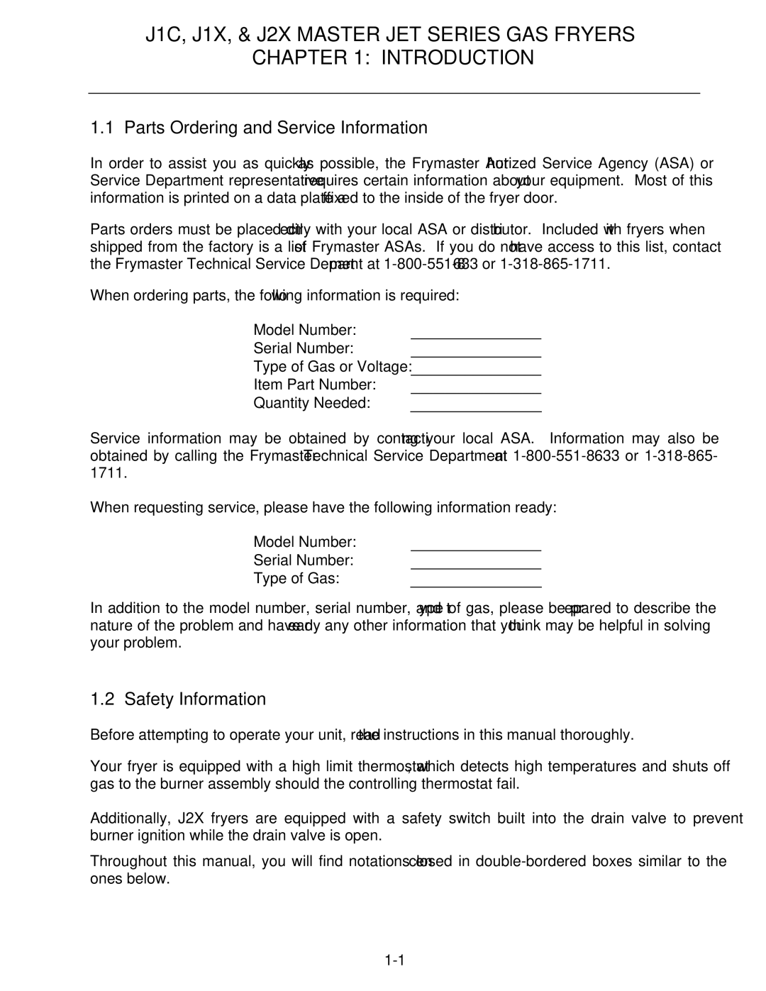 Frymaster J2X, J1X manual Parts Ordering and Service Information, Safety Information 