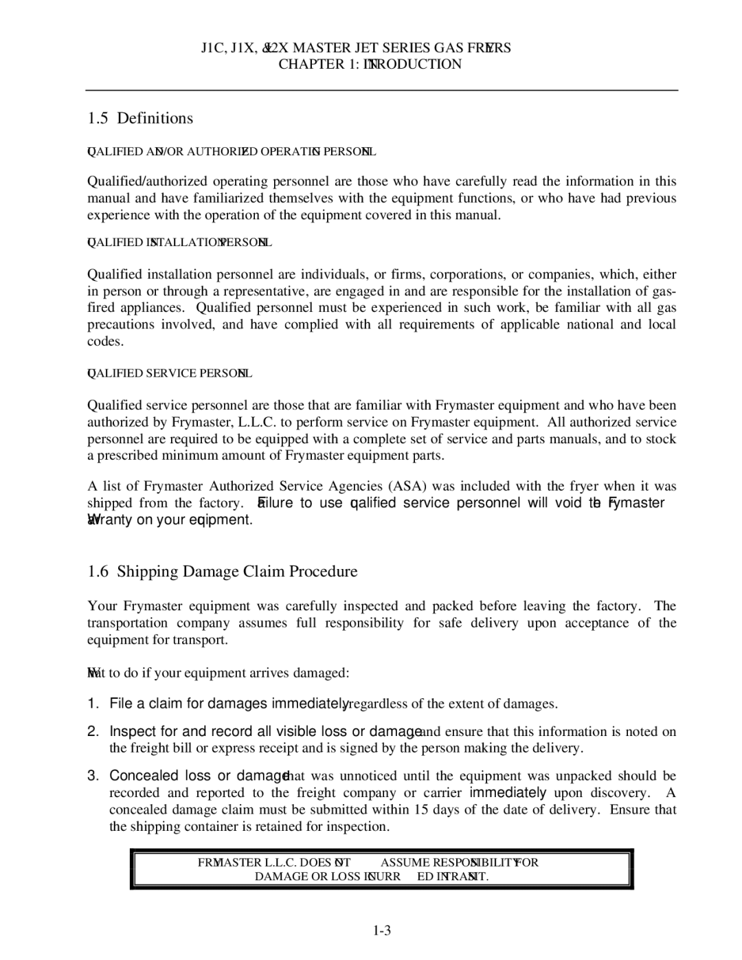 Frymaster J2X, J1X manual Definitions, Shipping Damage Claim Procedure, What to do if your equipment arrives damaged 