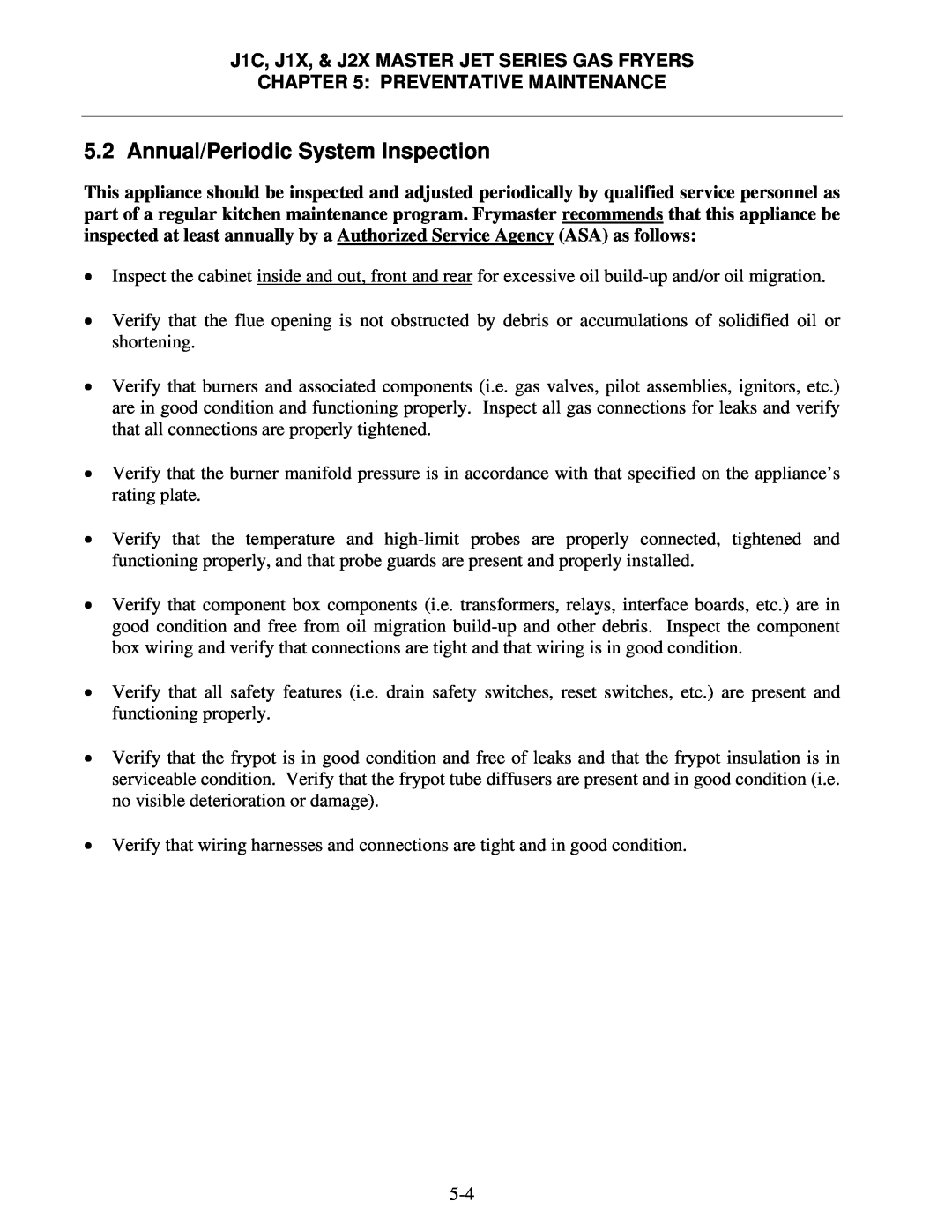 Frymaster Annual/Periodic System Inspection, J1C, J1X, & J2X MASTER JET SERIES GAS FRYERS, Preventative Maintenance 