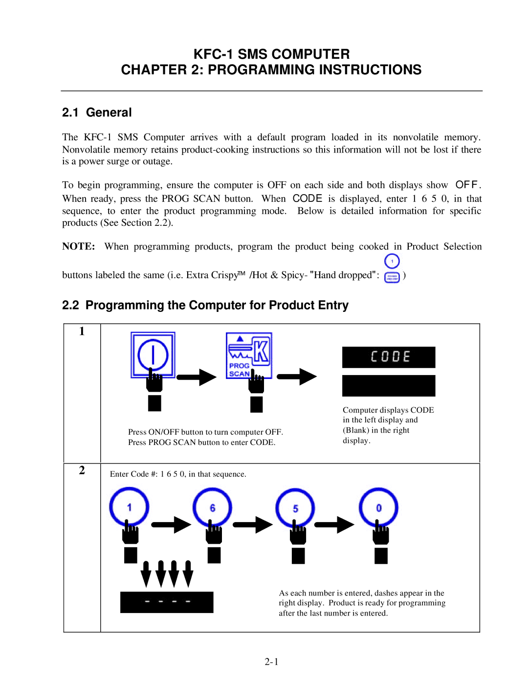 Frymaster manual KFC-1 SMS Computer Programming Instructions, Programming the Computer for Product Entry 