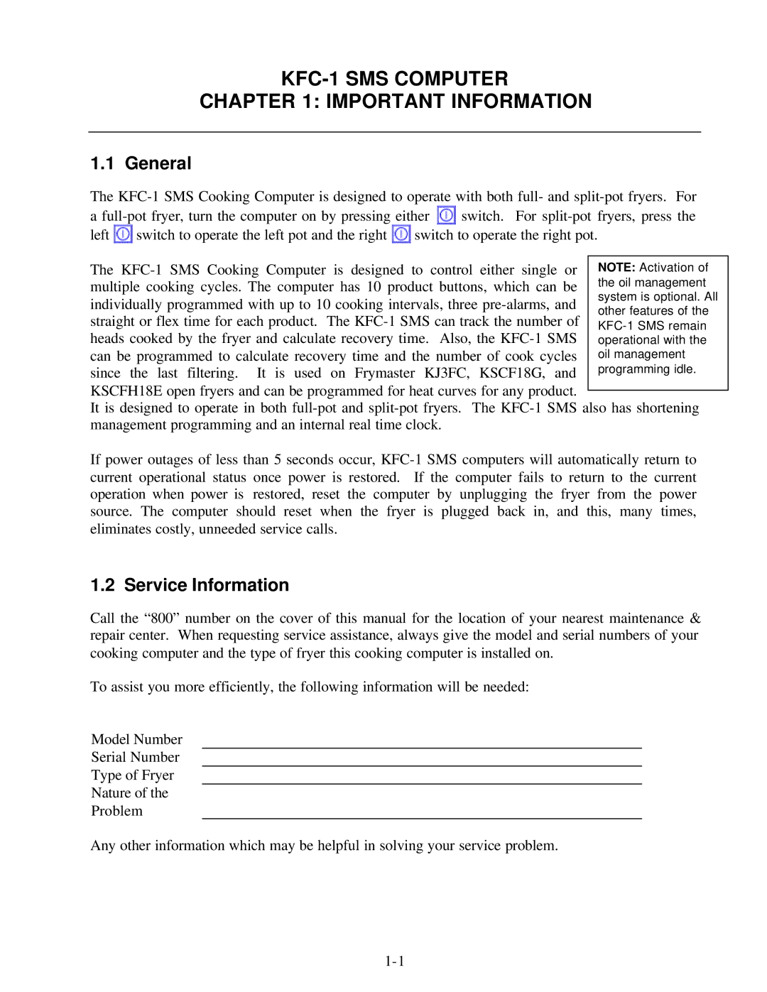 Frymaster KFC-1 SMS manual General, Service Information 