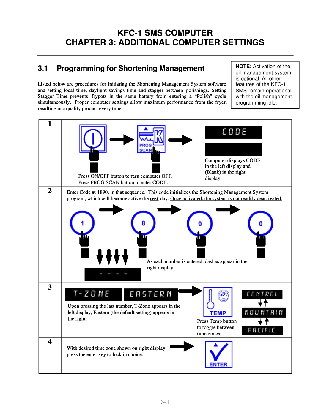 Frymaster KFC-1 SMS manual Additional Computer Settings, 3.1Programming for Shortening Management, KFC-1SMS COMPUTER 