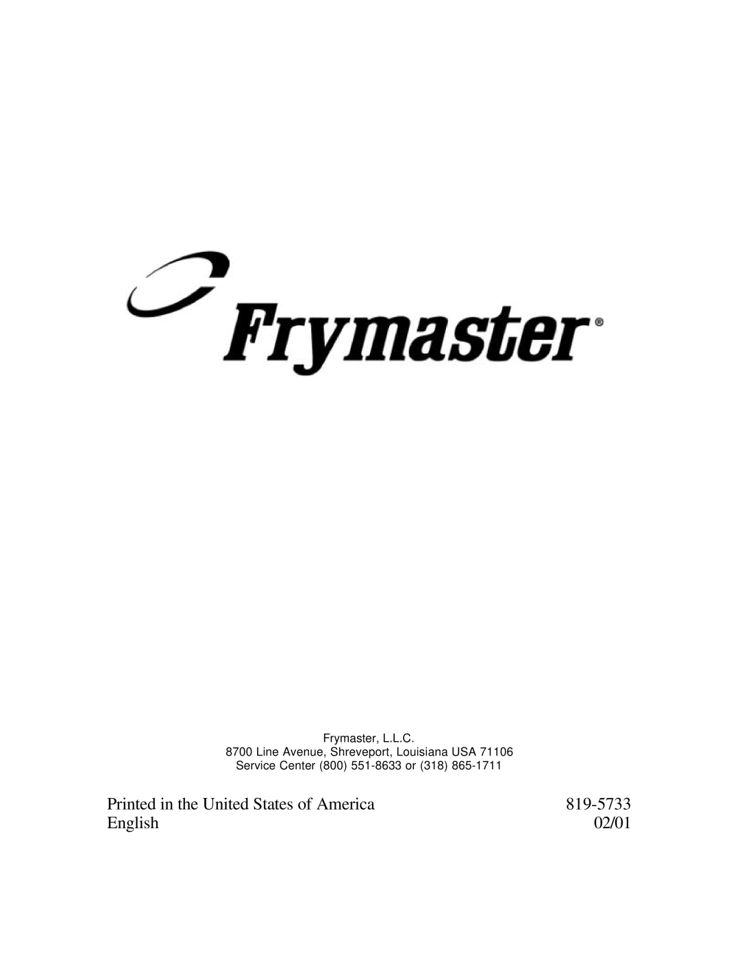 Frymaster KFC-1 SMS manual 819-5733, English, 02/01, Frymaster, L.L.C 