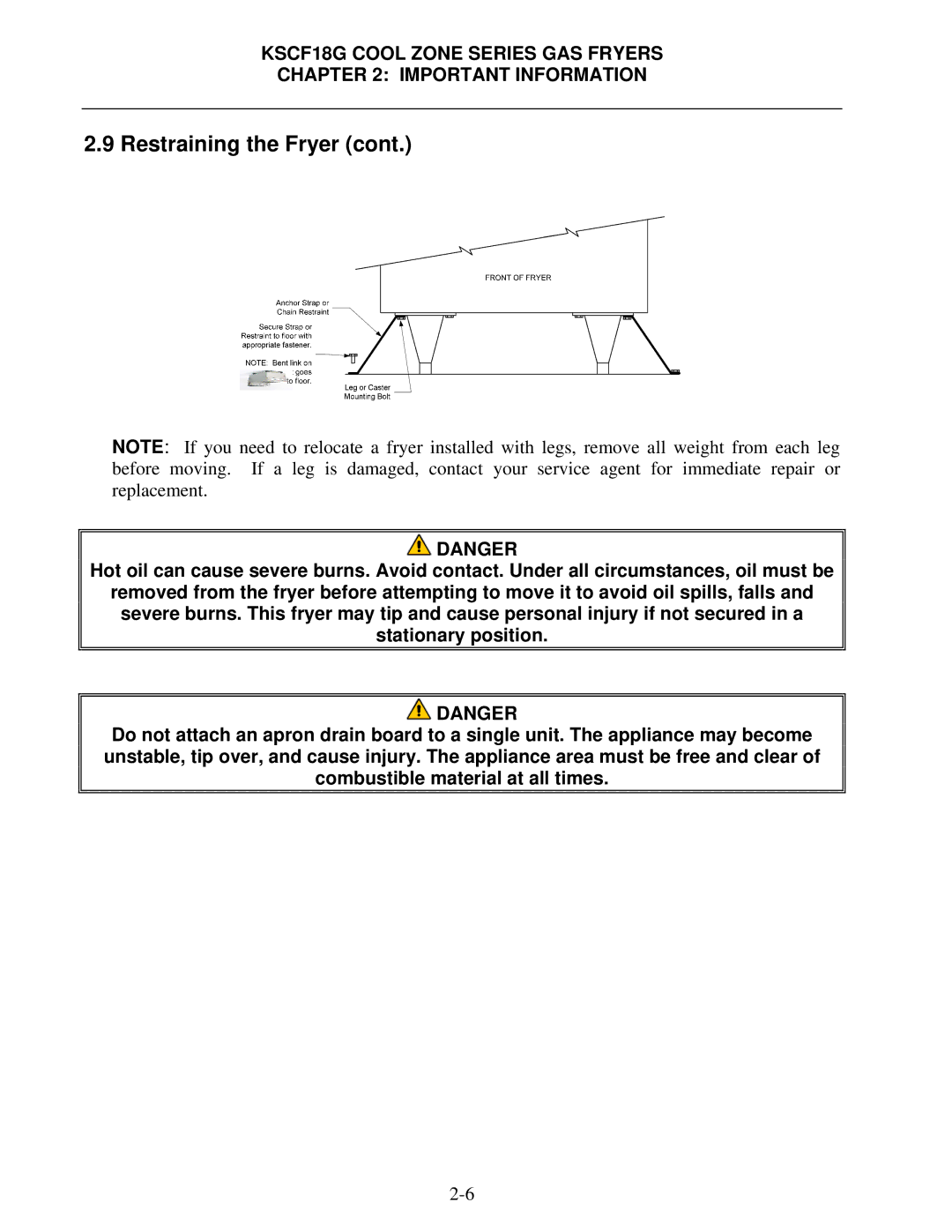 Frymaster KSCF18G Series manual Restraining the Fryer 