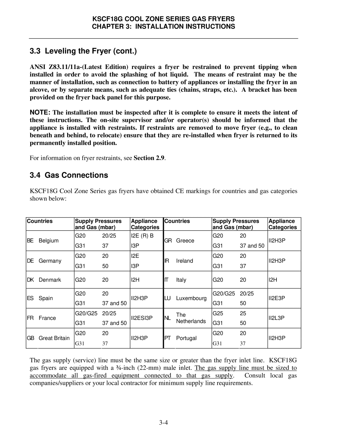 Frymaster KSCF18G Series manual Gas Connections, Countries Supply Pressures Appliance Gas mbar Categories 