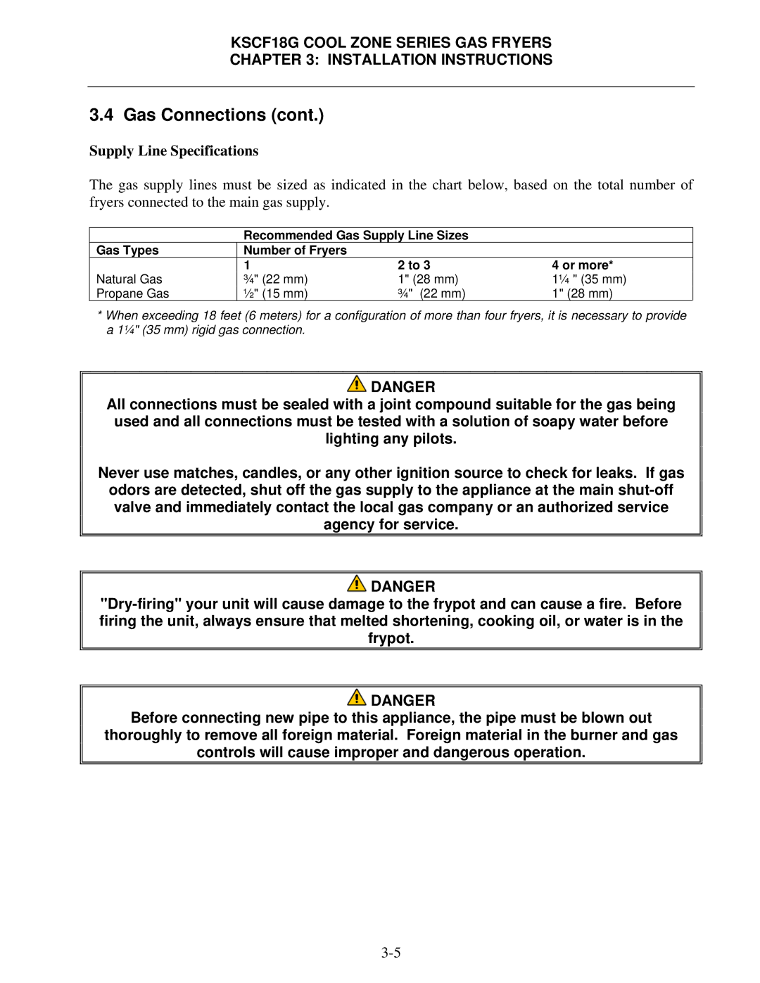 Frymaster KSCF18G Series manual Supply Line Specifications 