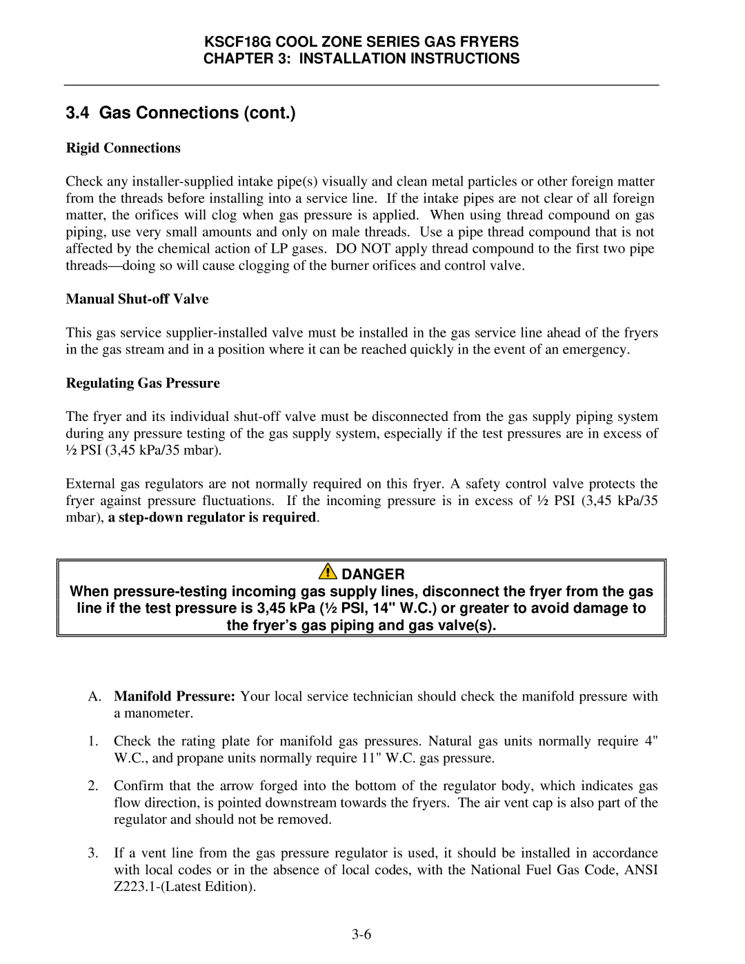 Frymaster KSCF18G Series manual Rigid Connections, Manual Shut-off Valve, Regulating Gas Pressure 