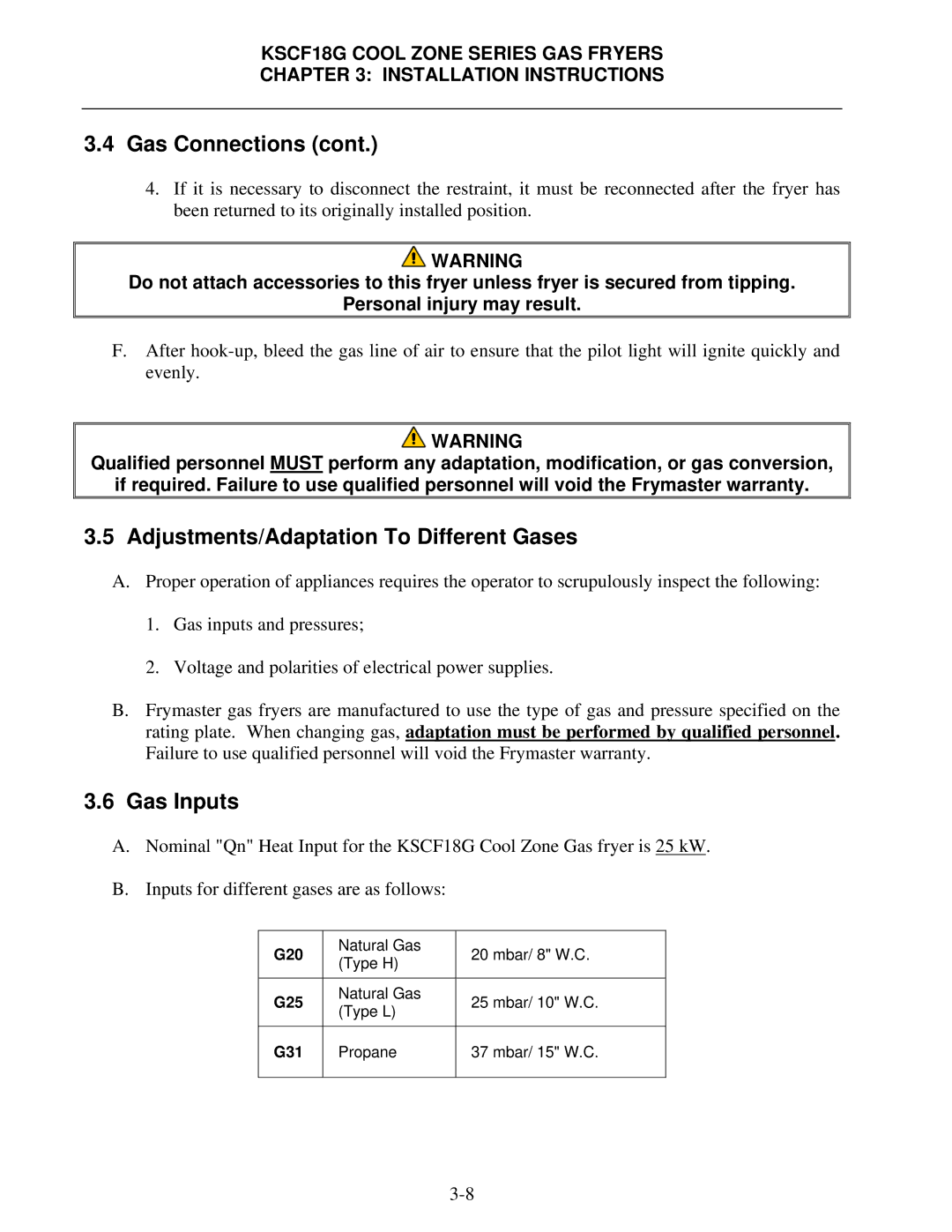 Frymaster KSCF18G Series manual Adjustments/Adaptation To Different Gases, Gas Inputs 