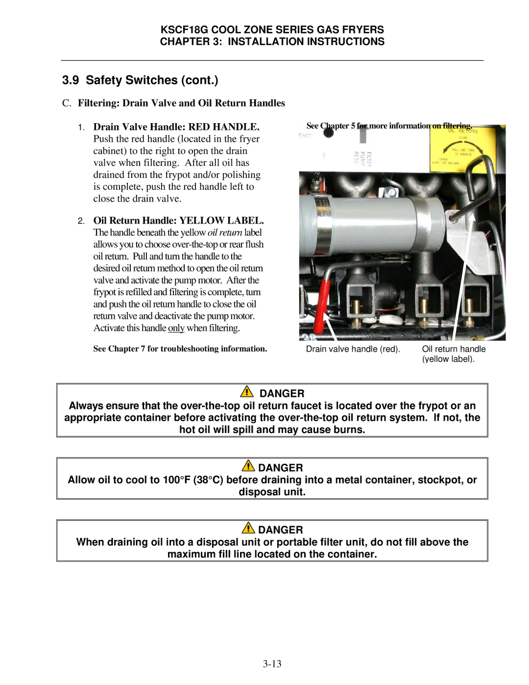 Frymaster KSCF18G Series manual Drain valve handle red Oil return handle Yellow label 