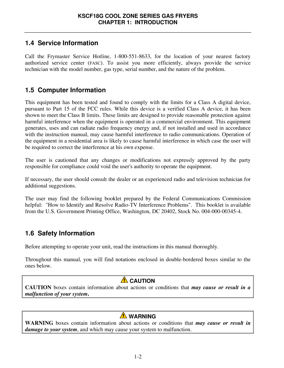 Frymaster KSCF18G Series manual Service Information, Computer Information, Safety Information 