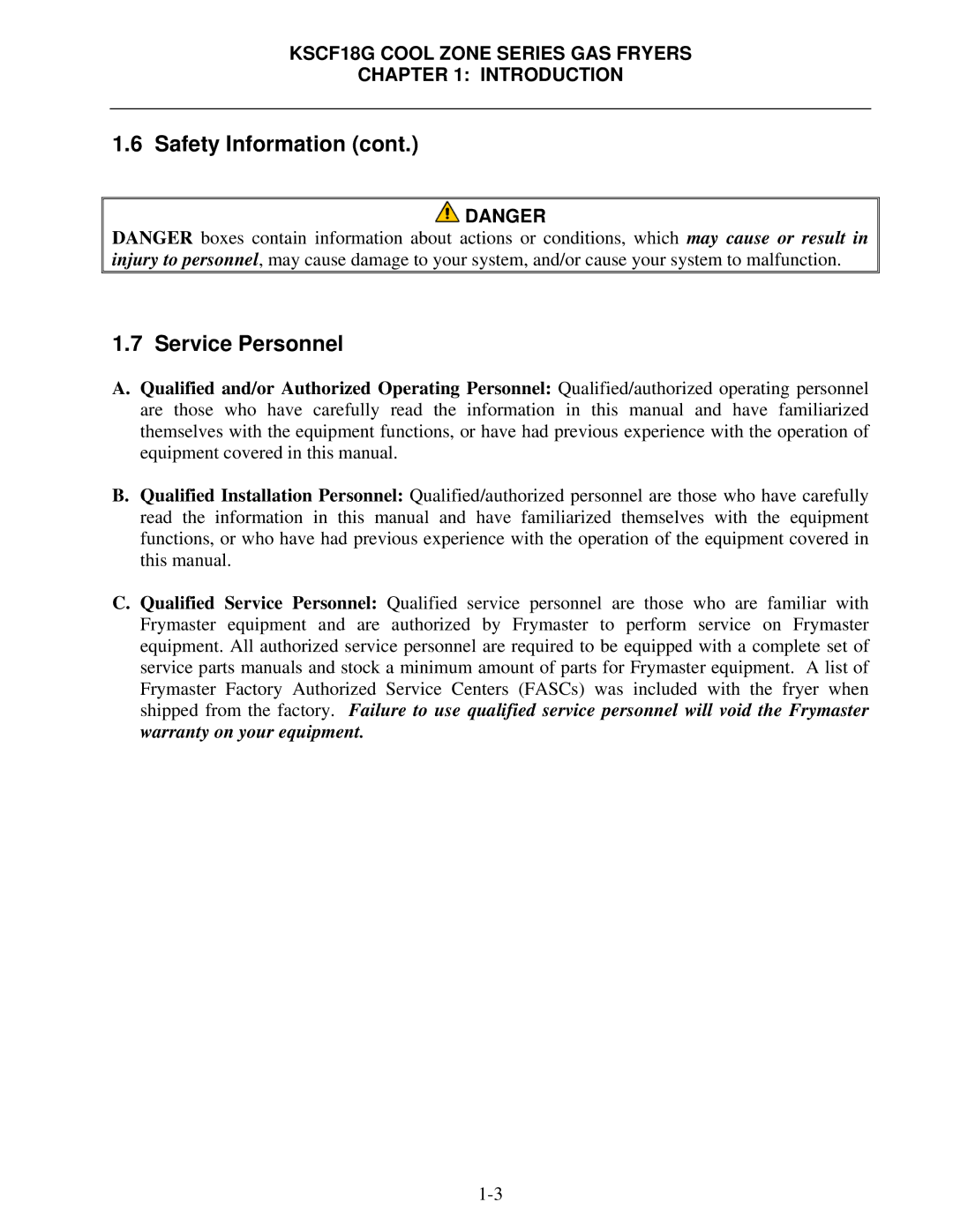 Frymaster KSCF18G Series manual Safety Information Service Personnel 